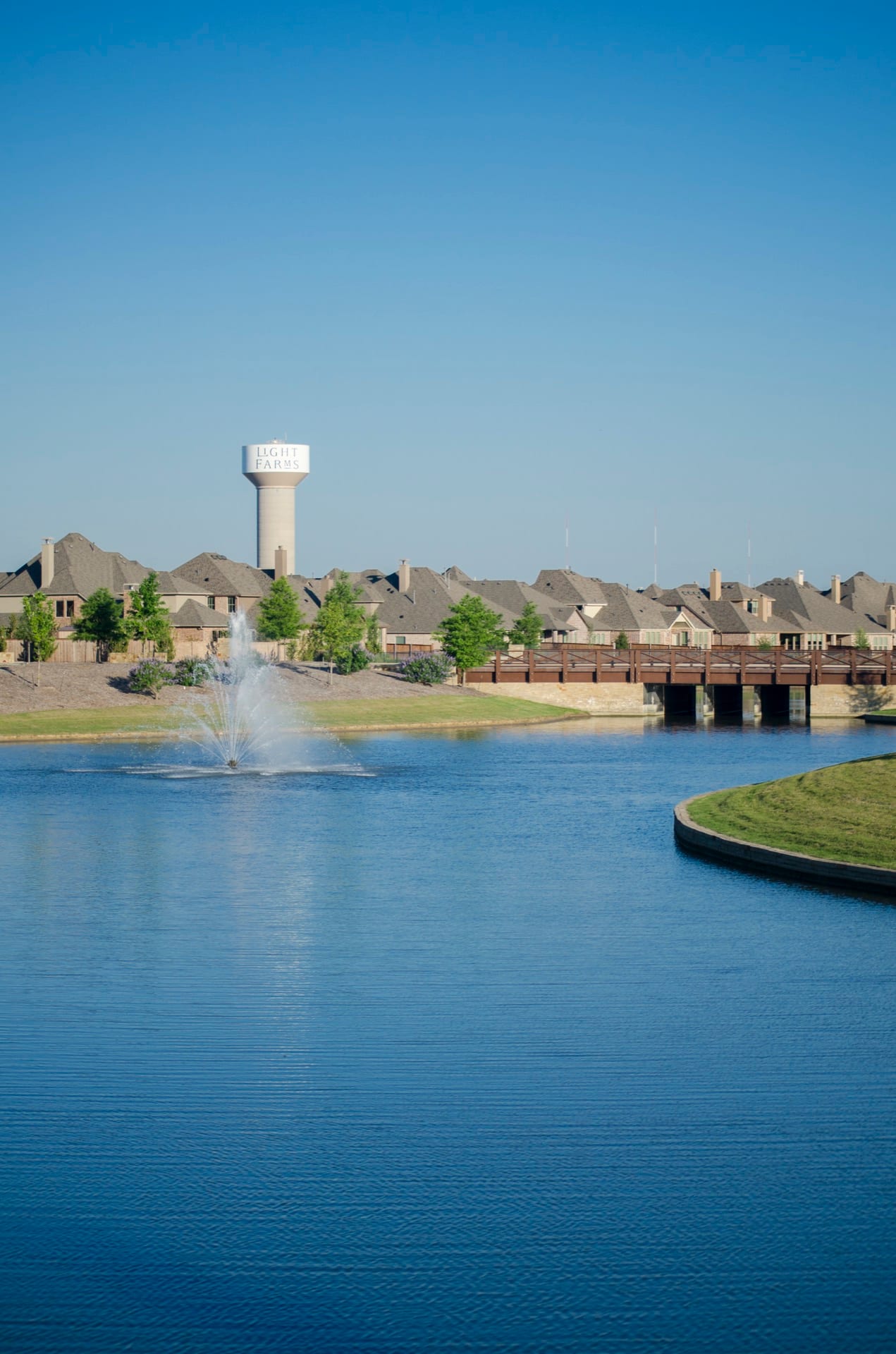 The water tower at the Light Farms development in Celina, Texas